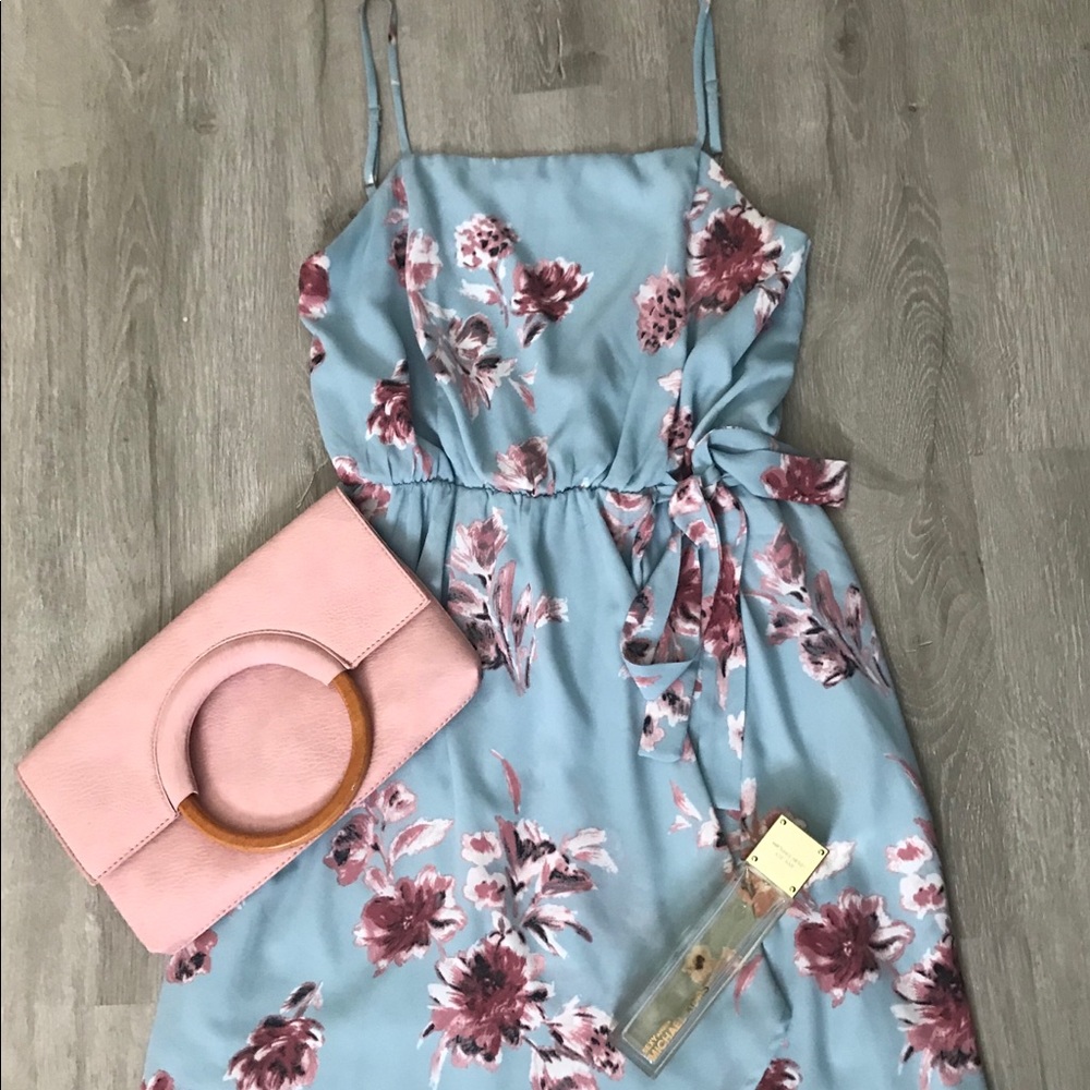 light blue dress, pink blossoms, spaghetti straps